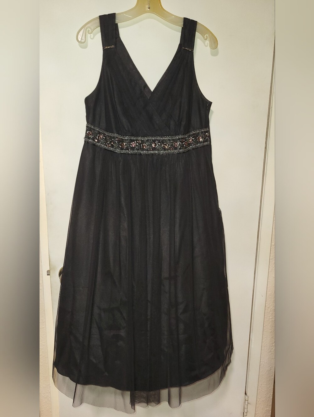 Robbie Bee Black Midi Dress with Beaded Waistband